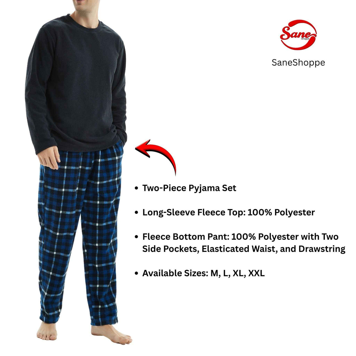 Luxury Design Mens Navy Check Fleece PJs - Warm Winter Pyjama Set