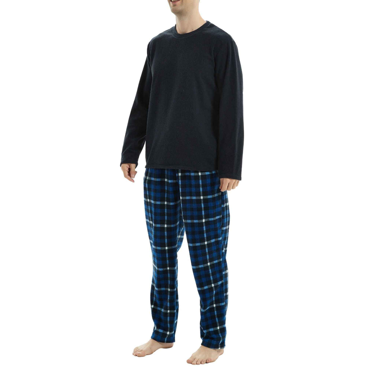 Luxury Design Mens Navy Check Fleece PJs - Warm Winter Pyjama Set
