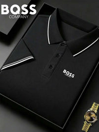 SaneShoppe-Men's Striped Polo Shirt with Letter Print - Casual Sporty Top
