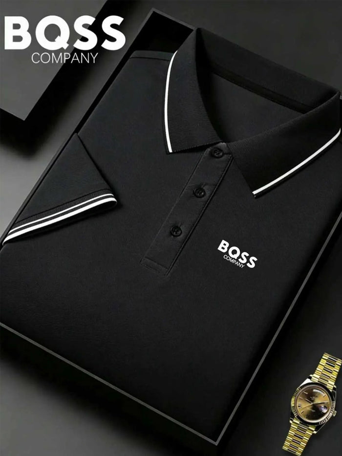 SaneShoppe-Men's Striped Polo Shirt with Letter Print - Casual Sporty Top