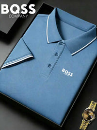 SaneShoppe-Men's Striped Polo Shirt with Letter Print - Casual Sporty Top