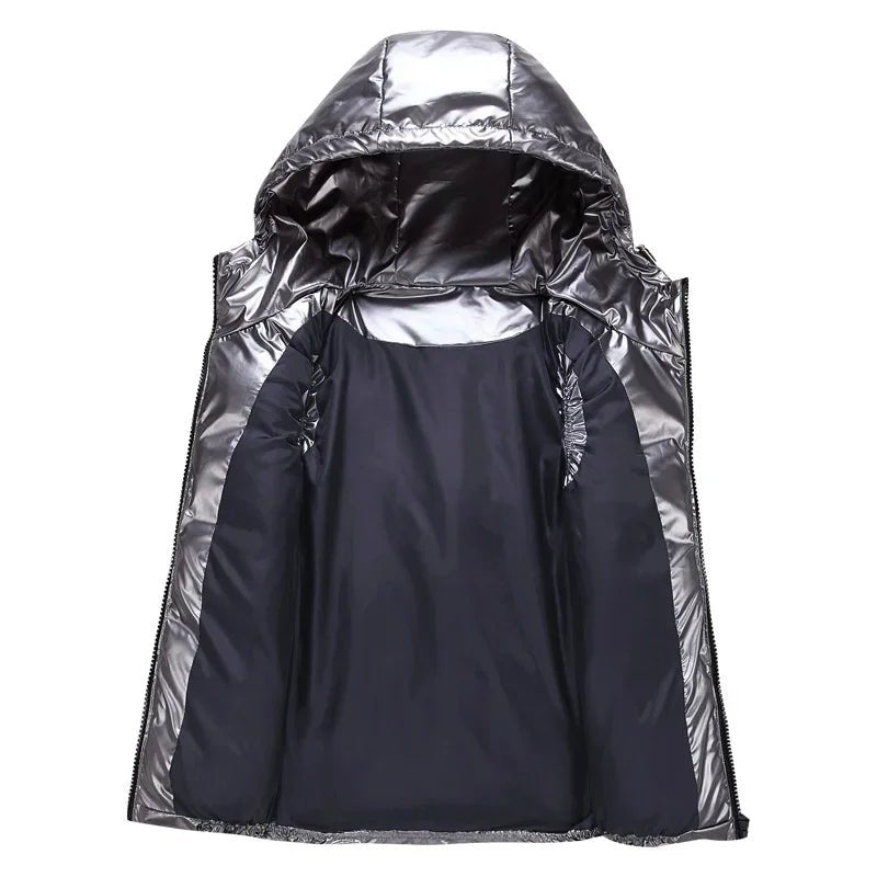SaneShoppe - Men's Sleeveless Jacket Fashion Shiny Vest Winter Warm Hood Pockets Cotton Padded Husband Red Black Autumn Down Waistcoat Male