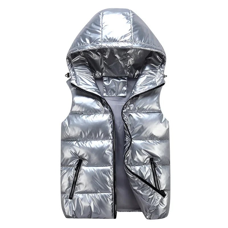 SaneShoppe - Men's Sleeveless Jacket Fashion Shiny Vest Winter Warm Hood Pockets Cotton Padded Husband Red Black Autumn Down Waistcoat Male