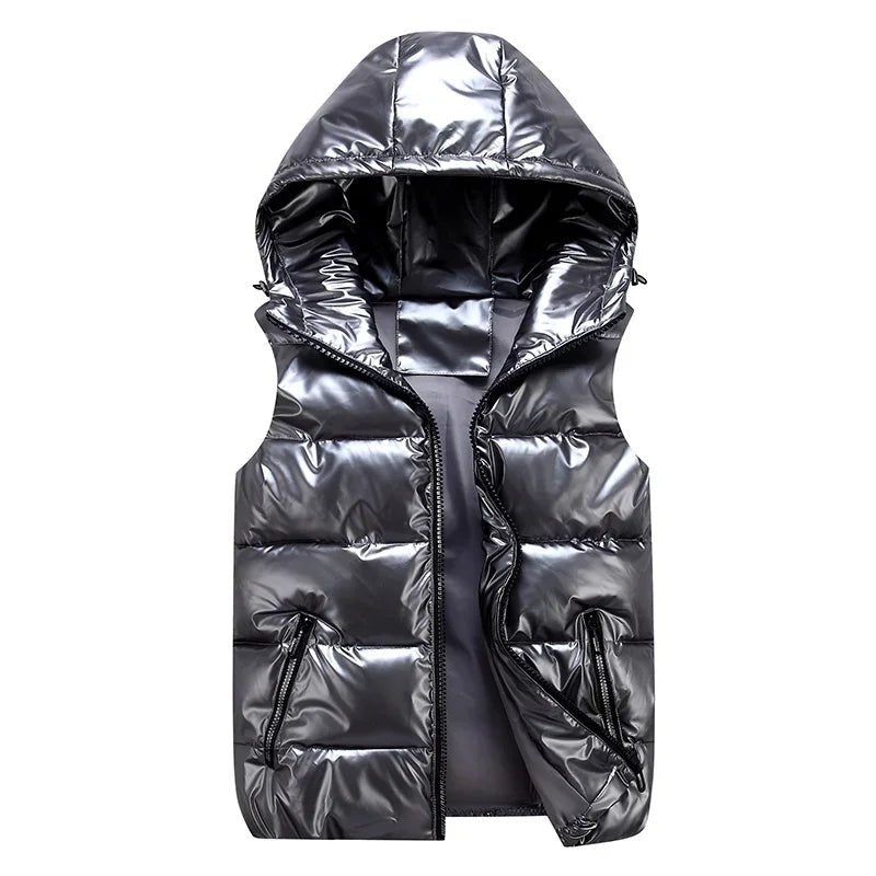 SaneShoppe - Men's Sleeveless Jacket Fashion Shiny Vest Winter Warm Hood Pockets Cotton Padded Husband Red Black Autumn Down Waistcoat Male