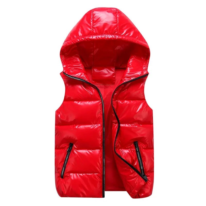 SaneShoppe - Men's Sleeveless Jacket Fashion Shiny Vest Winter Warm Hood Pockets Cotton Padded Husband Red Black Autumn Down Waistcoat Male