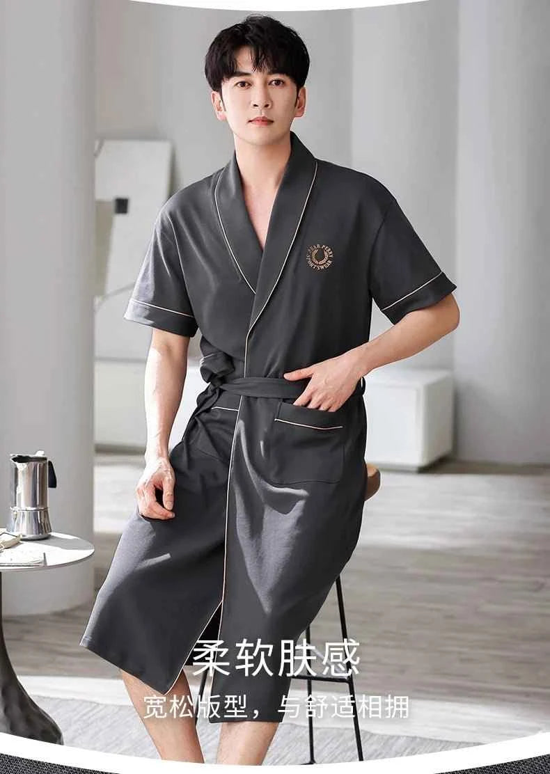 Men's Soft Cotton Bathrobe Dark Grey Half Sleeve Solid Robe Big Size 4XL