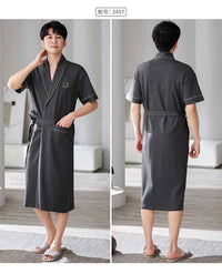 Men's Soft Cotton Bathrobe Dark Grey Half Sleeve Solid Robe Big Size 4XL