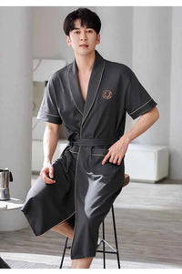 Men's Soft Cotton Bathrobe Dark Grey Half Sleeve Solid Robe Big Size 4XL