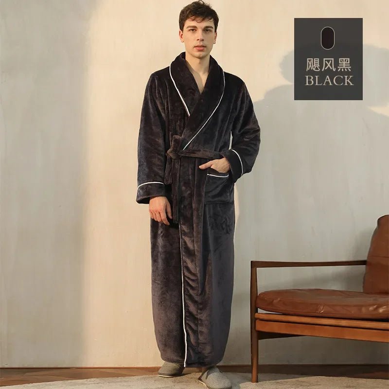SaneShoppe-Men's Cozy Flannel Robe, Plush Coral Fleece, Warm Home Comfort