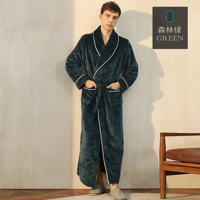 SaneShoppe-Men's Cozy Flannel Robe, Plush Coral Fleece, Warm Home Comfort