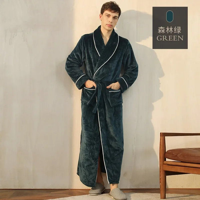 SaneShoppe-Men's Cozy Flannel Robe, Plush Coral Fleece, Warm Home Comfort