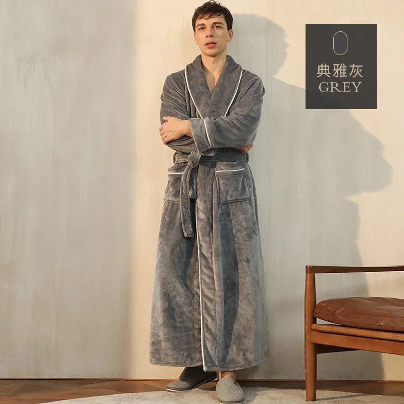SaneShoppe-Men's Cozy Flannel Robe, Plush Coral Fleece, Warm Home Comfort