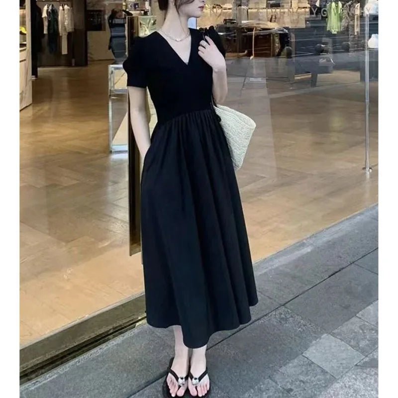 SaneShoppe - Minimalist Women's A - Line 2024 Summer New V - Neck Spliced Folds Elegant Fashion Casual Commuter Short Sleeve Slim Pockets Dress