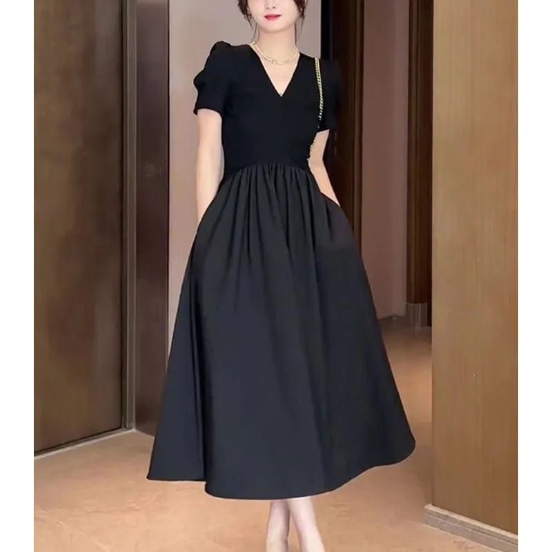SaneShoppe - Minimalist Women's A - Line 2024 Summer New V - Neck Spliced Folds Elegant Fashion Casual Commuter Short Sleeve Slim Pockets Dress