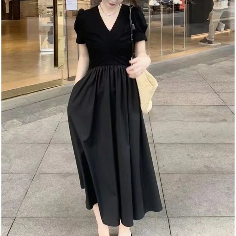 SaneShoppe - Minimalist Women's A - Line 2024 Summer New V - Neck Spliced Folds Elegant Fashion Casual Commuter Short Sleeve Slim Pockets Dress