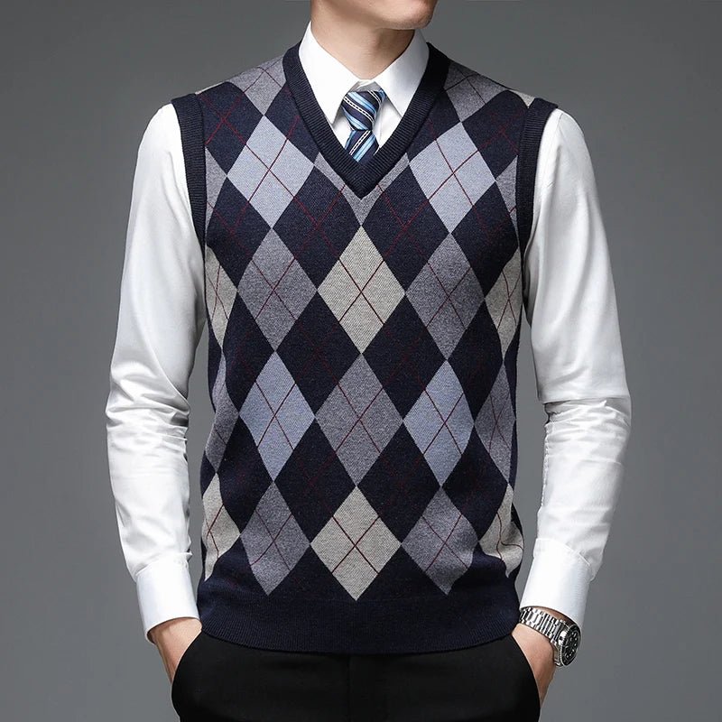 SaneShoppe - New Autum Fashion Designer Brand Argyle Pullover Diamond Sweater V Neck Knit Vest Men 6% Wool Sleeveless Casual Men Clothing