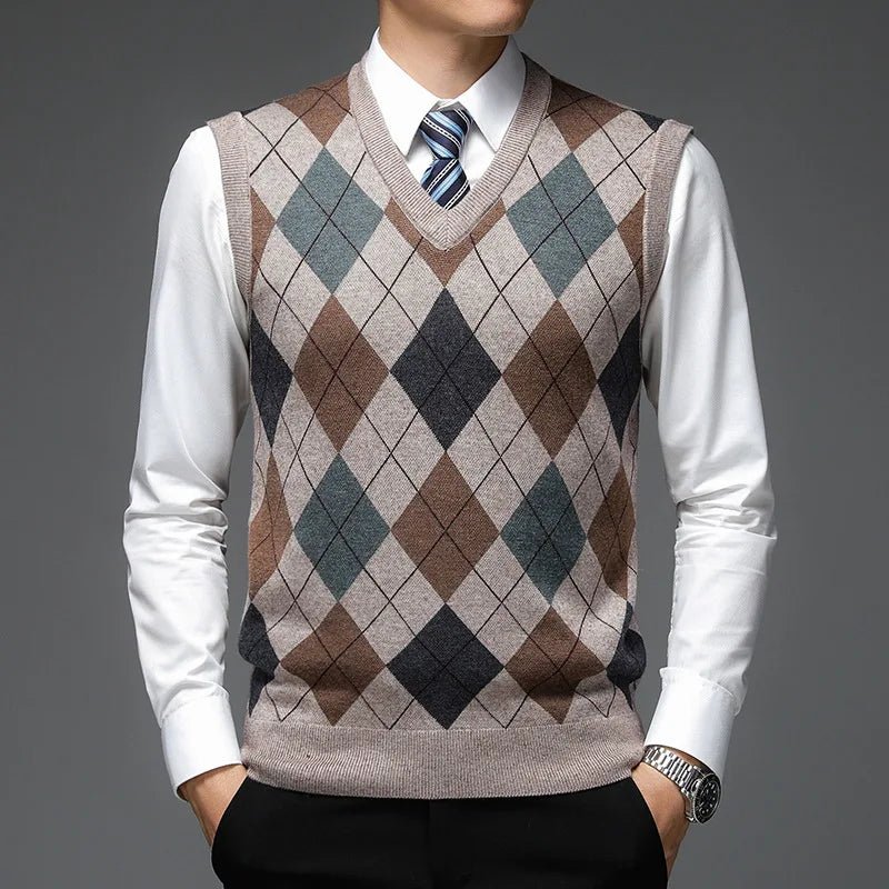 SaneShoppe - New Autum Fashion Designer Brand Argyle Pullover Diamond Sweater V Neck Knit Vest Men 6% Wool Sleeveless Casual Men Clothing
