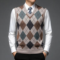 SaneShoppe - New Autum Fashion Designer Brand Argyle Pullover Diamond Sweater V Neck Knit Vest Men 6% Wool Sleeveless Casual Men Clothing