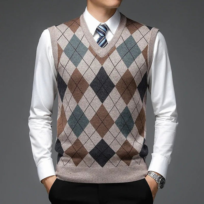 SaneShoppe - New Autum Fashion Designer Brand Argyle Pullover Diamond Sweater V Neck Knit Vest Men 6% Wool Sleeveless Casual Men Clothing