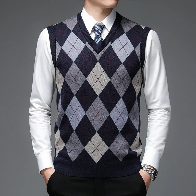 SaneShoppe - New Autum Fashion Designer Brand Argyle Pullover Diamond Sweater V Neck Knit Vest Men 6% Wool Sleeveless Casual Men Clothing