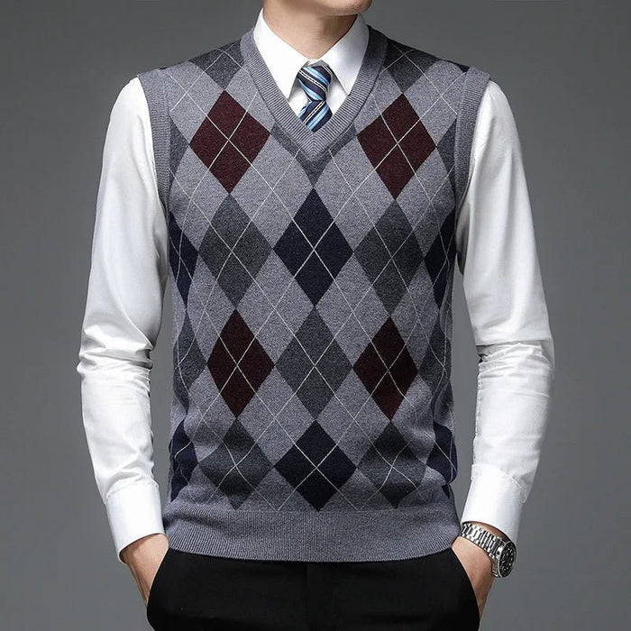 SaneShoppe - New Autum Fashion Designer Brand Argyle Pullover Diamond Sweater V Neck Knit Vest Men 6% Wool Sleeveless Casual Men Clothing