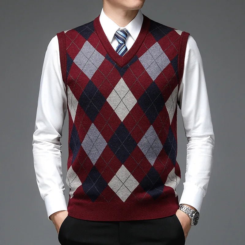 SaneShoppe - New Autum Fashion Designer Brand Argyle Pullover Diamond Sweater V Neck Knit Vest Men 6% Wool Sleeveless Casual Men Clothing