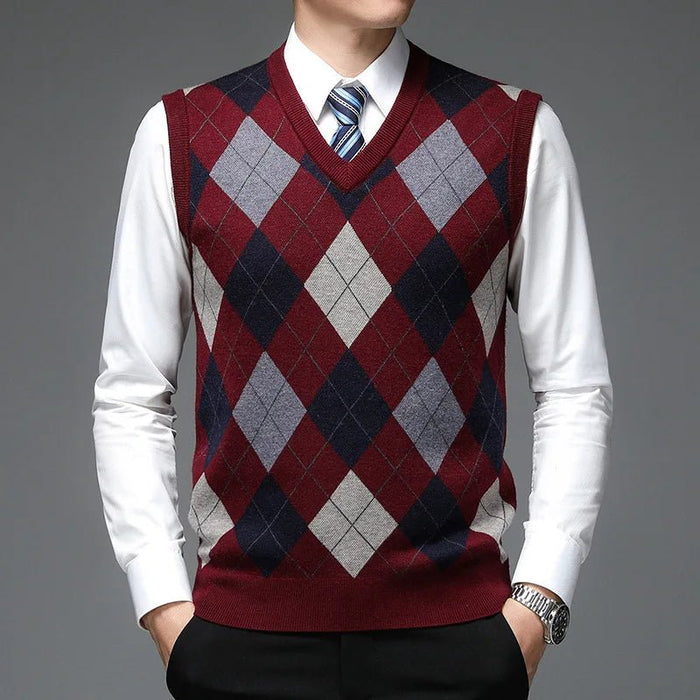 SaneShoppe - New Autum Fashion Designer Brand Argyle Pullover Diamond Sweater V Neck Knit Vest Men 6% Wool Sleeveless Casual Men Clothing