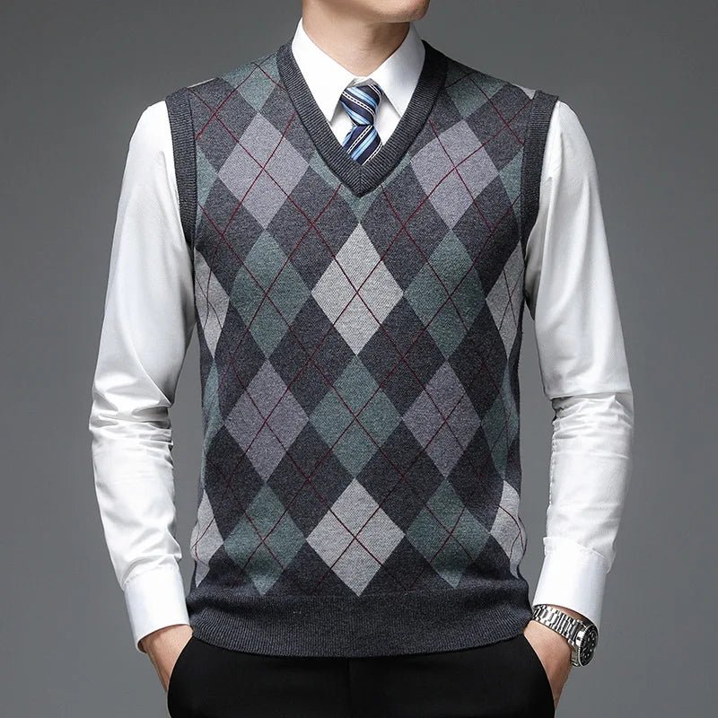 SaneShoppe - New Autum Fashion Designer Brand Argyle Pullover Diamond Sweater V Neck Knit Vest Men 6% Wool Sleeveless Casual Men Clothing