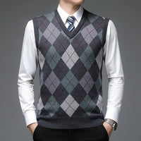 SaneShoppe - New Autum Fashion Designer Brand Argyle Pullover Diamond Sweater V Neck Knit Vest Men 6% Wool Sleeveless Casual Men Clothing