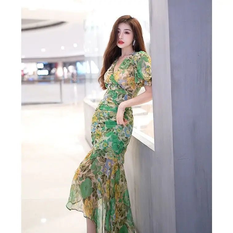 SaneShoppe - New Summer Fashion Style Waist - hugging Dress 2025 Dark Green Printed Skirt
