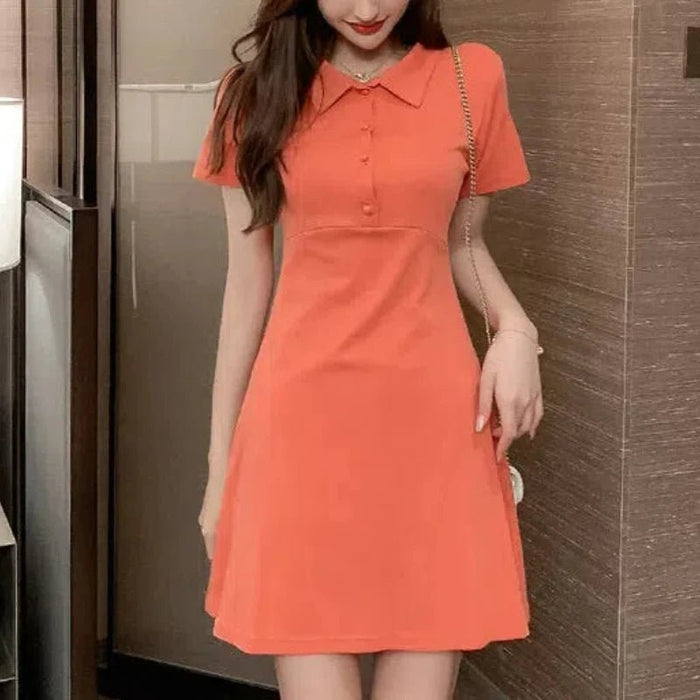 SaneShoppe - Peter Pan Collar Pullover Solid Color Short Sleeve Women's Clothing Summer Head Up Button Casual Sports Vacation Sweet Dresses