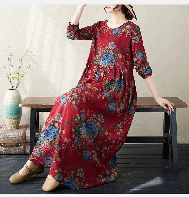 SaneShoppe-Boho Floral Print Maxi Dress for Women, Plus Size, Cotton Linen Loose Fit