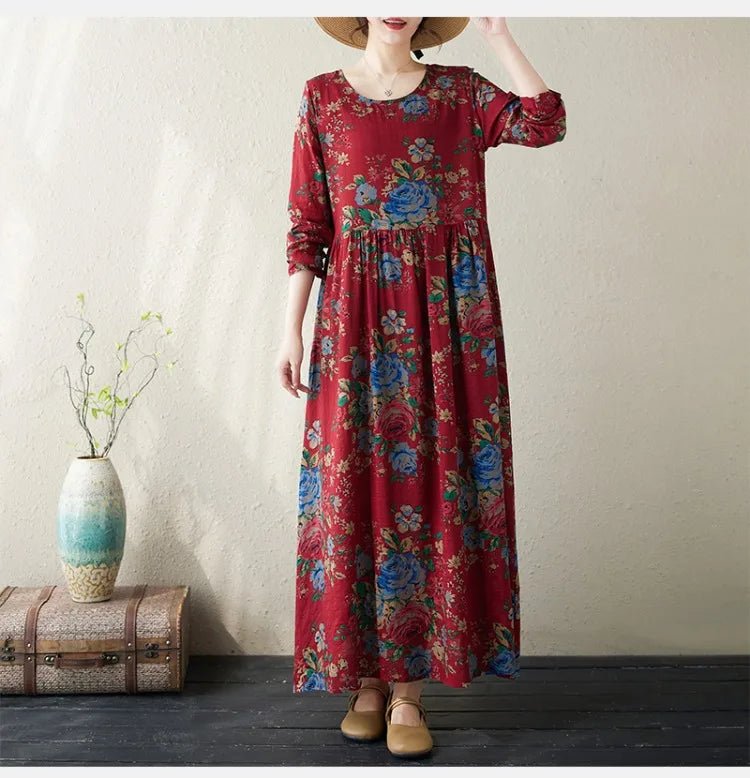 SaneShoppe-Boho Floral Print Maxi Dress for Women, Plus Size, Cotton Linen Loose Fit