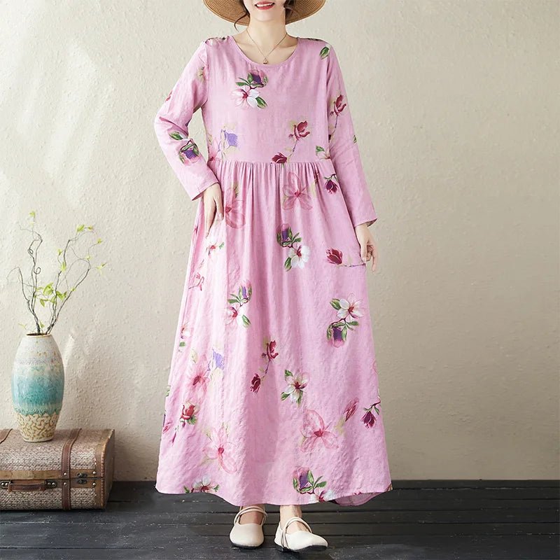 SaneShoppe-Boho Floral Print Maxi Dress for Women, Plus Size, Cotton Linen Loose Fit