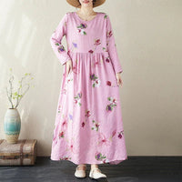 SaneShoppe-Boho Floral Print Maxi Dress for Women, Plus Size, Cotton Linen Loose Fit