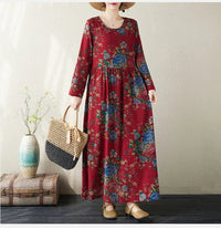 SaneShoppe-Boho Floral Print Maxi Dress for Women, Plus Size, Cotton Linen Loose Fit