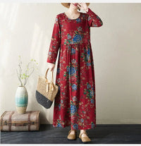 SaneShoppe-Boho Floral Print Maxi Dress for Women, Plus Size, Cotton Linen Loose Fit