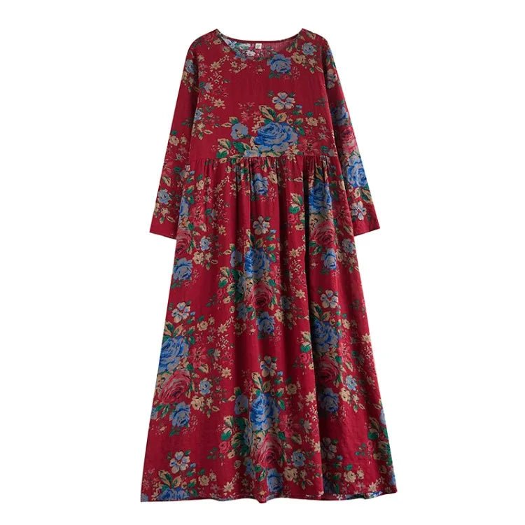 SaneShoppe-Boho Floral Print Maxi Dress for Women, Plus Size, Cotton Linen Loose Fit