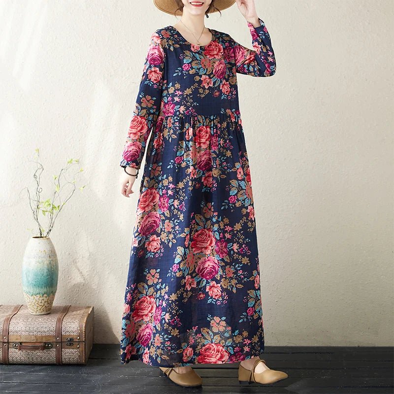 SaneShoppe-Boho Floral Print Maxi Dress for Women, Plus Size, Cotton Linen Loose Fit
