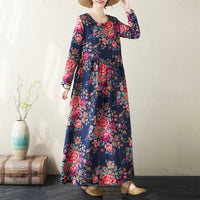 SaneShoppe-Boho Floral Print Maxi Dress for Women, Plus Size, Cotton Linen Loose Fit