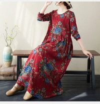 SaneShoppe-Boho Floral Print Maxi Dress for Women, Plus Size, Cotton Linen Loose Fit