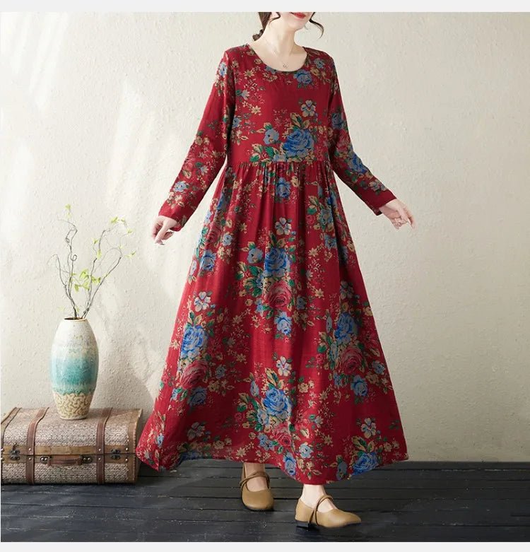 SaneShoppe-Boho Floral Print Maxi Dress for Women, Plus Size, Cotton Linen Loose Fit