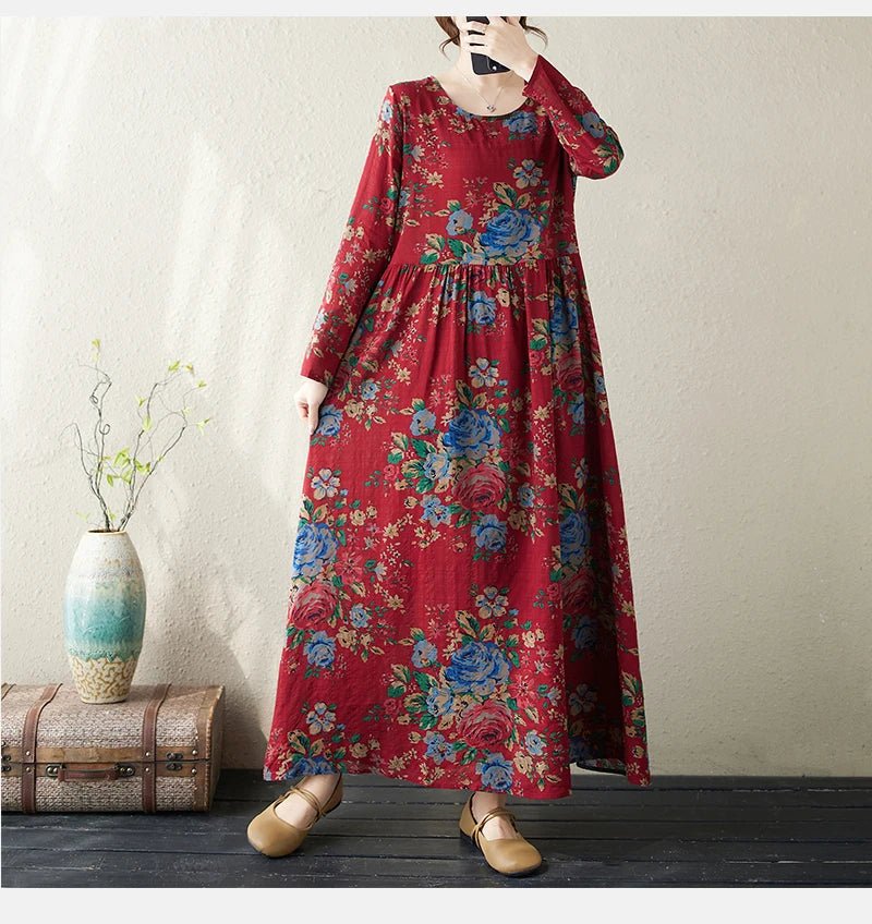 SaneShoppe-Boho Floral Print Maxi Dress for Women, Plus Size, Cotton Linen Loose Fit