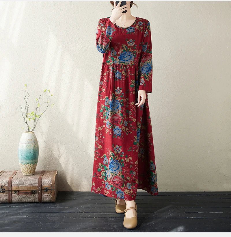 SaneShoppe-Boho Floral Print Maxi Dress for Women, Plus Size, Cotton Linen Loose Fit