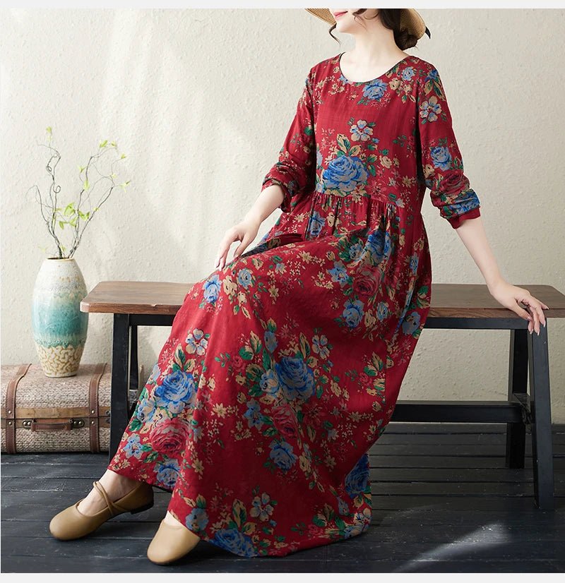 SaneShoppe-Boho Floral Print Maxi Dress for Women, Plus Size, Cotton Linen Loose Fit