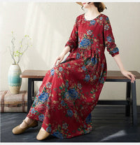 SaneShoppe-Boho Floral Print Maxi Dress for Women, Plus Size, Cotton Linen Loose Fit