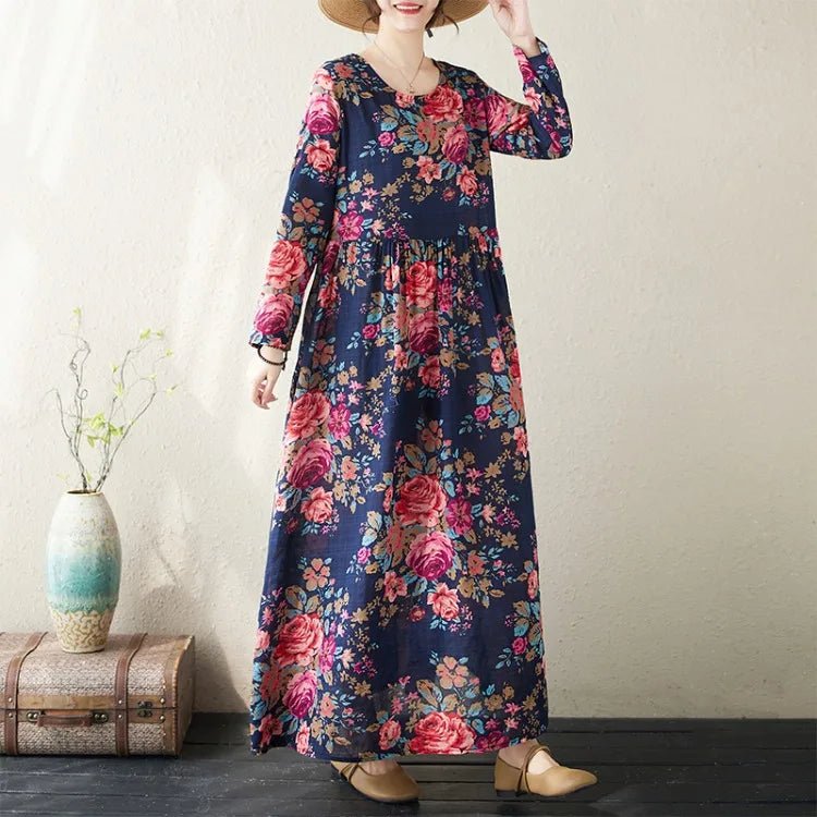SaneShoppe-Boho Floral Print Maxi Dress for Women, Plus Size, Cotton Linen Loose Fit