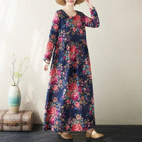 SaneShoppe-Boho Floral Print Maxi Dress for Women, Plus Size, Cotton Linen Loose Fit