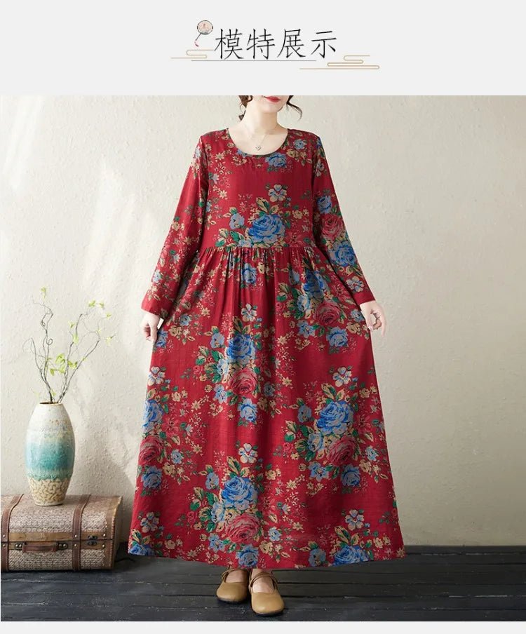 SaneShoppe-Boho Floral Print Maxi Dress for Women, Plus Size, Cotton Linen Loose Fit