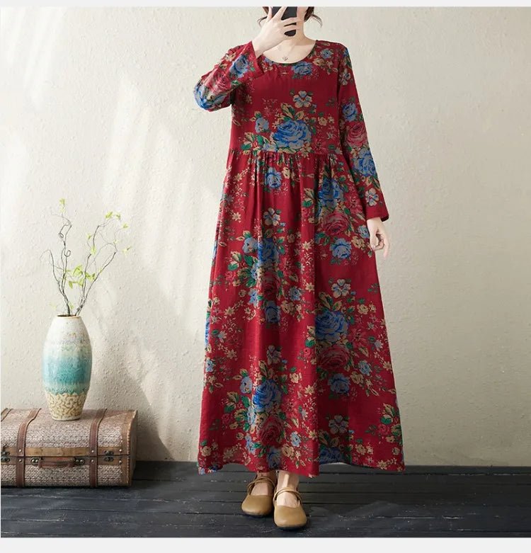 SaneShoppe-Boho Floral Print Maxi Dress for Women, Plus Size, Cotton Linen Loose Fit